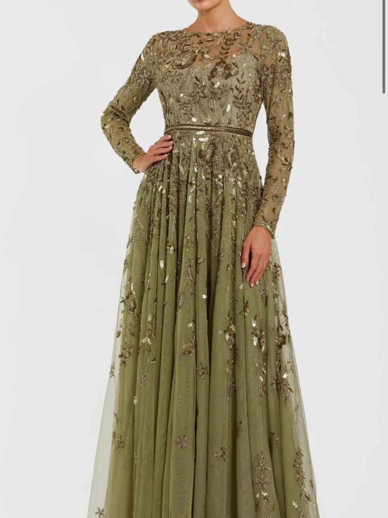 Mac Duggal Long Sleeve Hand Embellished Floral A-Line